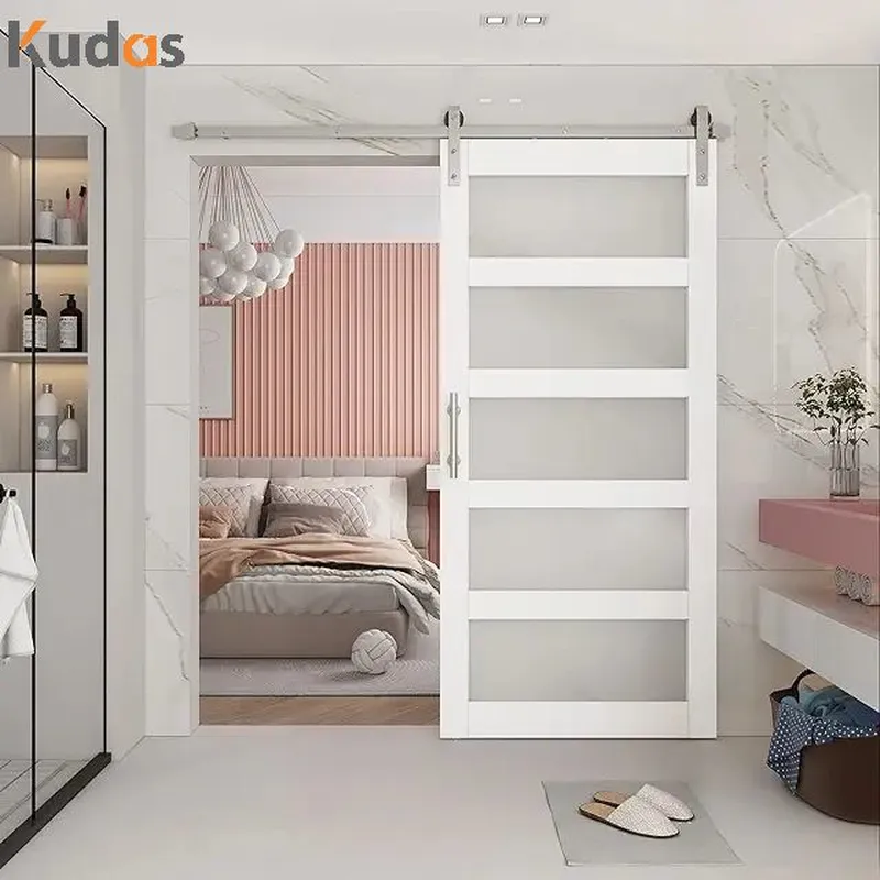 Low Profile Glass Barndoor Pocket Exterior Wood Frame Barn Exit Door With Hardware