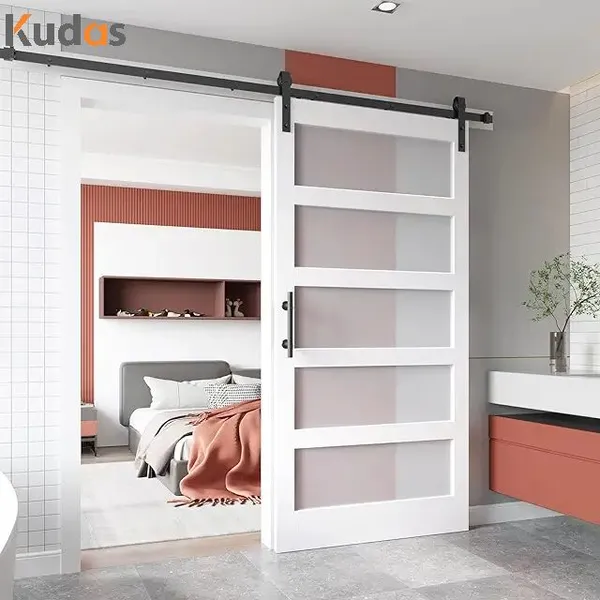 Low Profile Glass Barndoor Pocket Exterior Wood Frame Barn Exit Door With Hardware