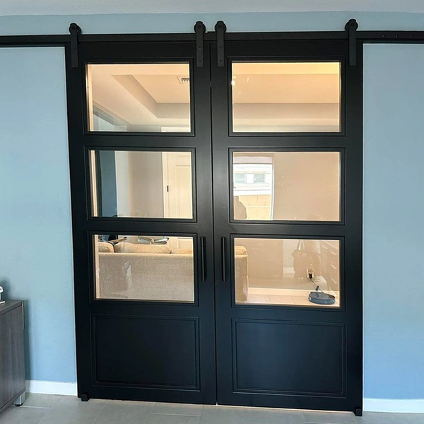 خزانة مزدوجة زجاج بلوري باب الحظيرة المنزلق الخشبي مع الزجاج