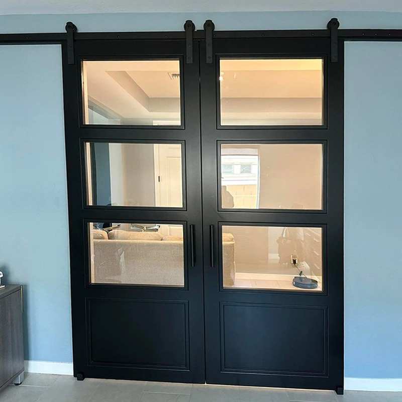 خزانة مزدوجة زجاج بلوري باب الحظيرة المنزلق الخشبي مع الزجاج