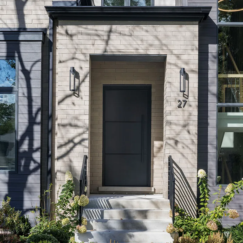 أبواب محورية أمامية للأمان، باب خشبي محوري من الألومنيوم الأسود، مدخل حديث