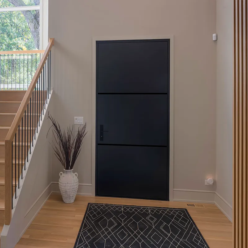 أبواب محورية أمامية للأمان، باب خشبي محوري من الألومنيوم الأسود، مدخل حديث