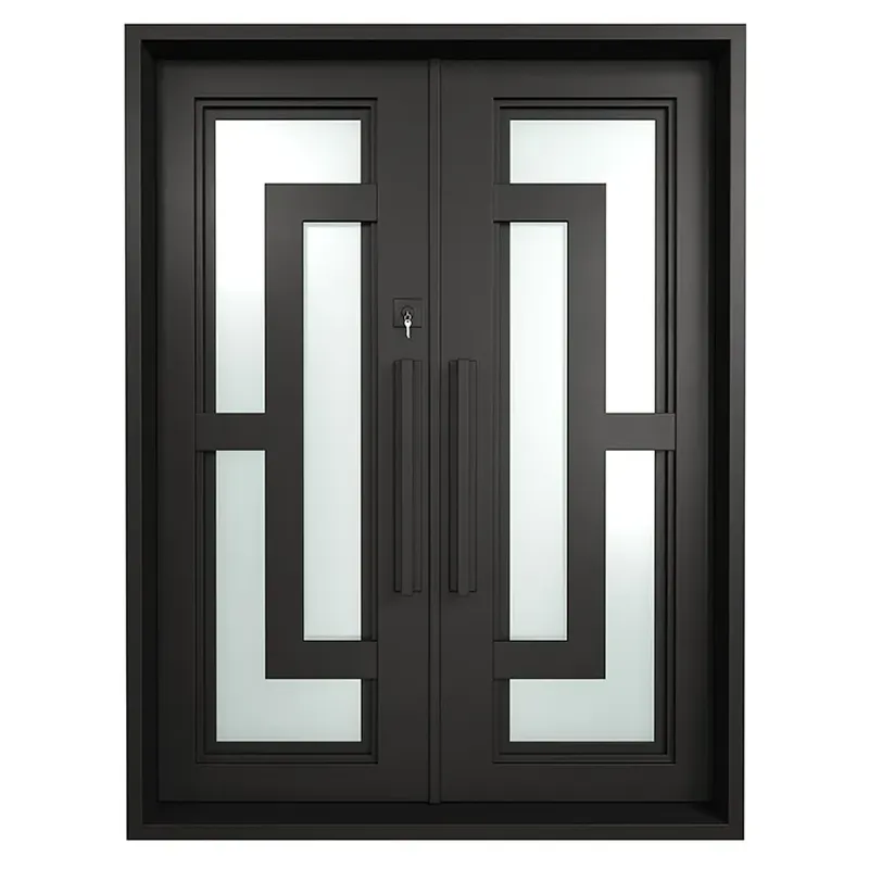 Swing door iron frame outdoor glass window doors with grill design