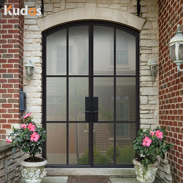 Wrought Iron swing door steel frame outdoor doors with glass window