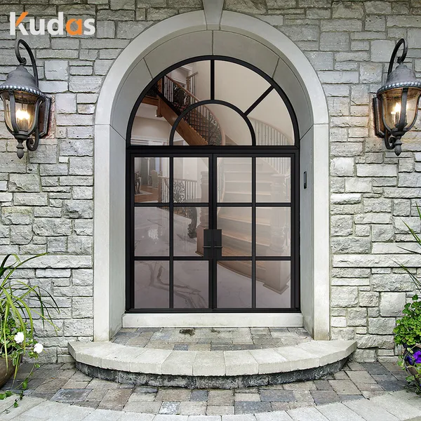 Wrought Iron swing door steel frame outdoor doors with glass window