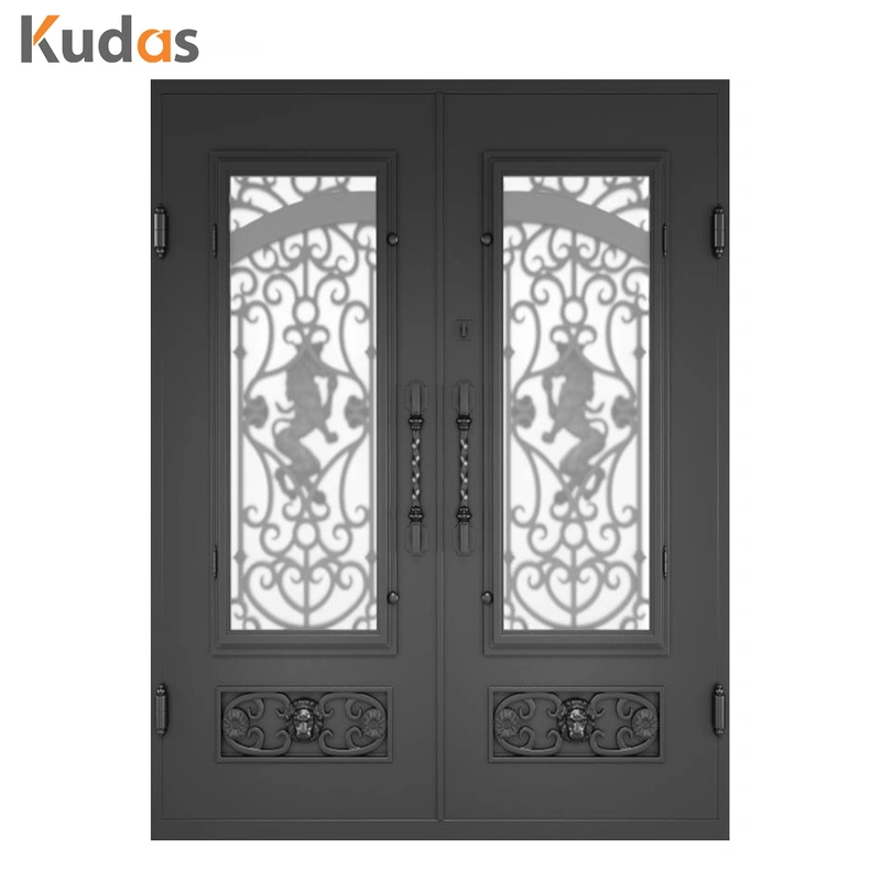 Wrought Double Swing Clear Tinted Tempered Glass Simple iron door