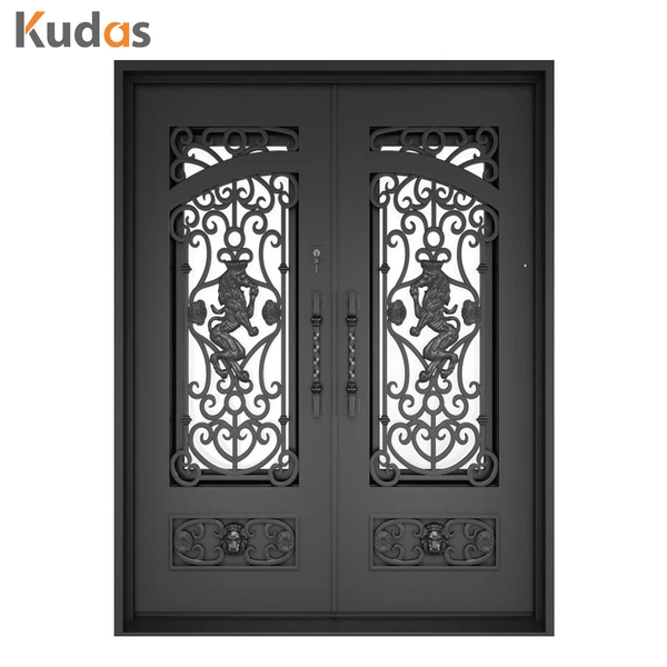 Wrought Double Swing Clear Tinted Tempered Glass Simple iron door