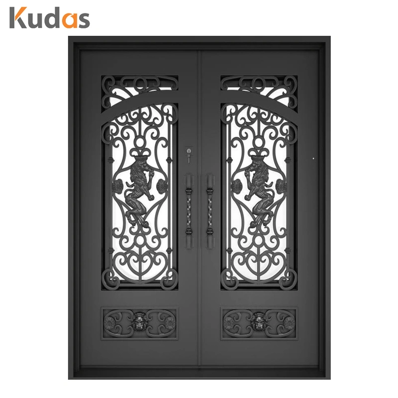 Wrought Double Swing Clear Tinted Tempered Glass Simple iron door