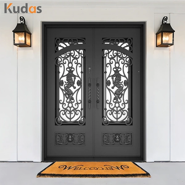 Wrought Double Swing Clear Tinted Tempered Glass Simple iron door