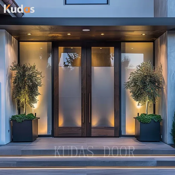 Wood Double Panel Main Front Entrance Door Designs With Glass