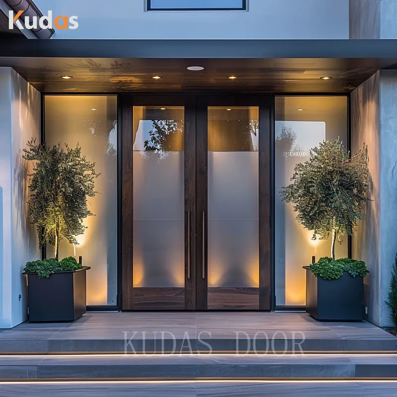 Wood Double Panel Main Front Entrance Door Designs With Glass