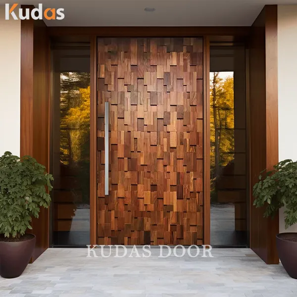Solid Wood 3D Natural Wooden Pattern Mosaic Exterior Front Entry Doors