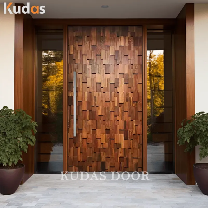Solid Wood 3D Natural Wooden Pattern Mosaic Exterior Front Entry Doors