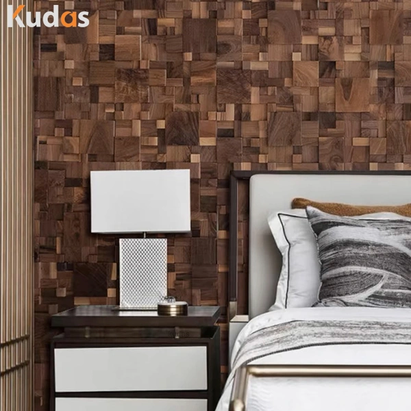 Natural Dark Walnut Wood Mosaic 3D Door Nordic Style Art Entry Doors