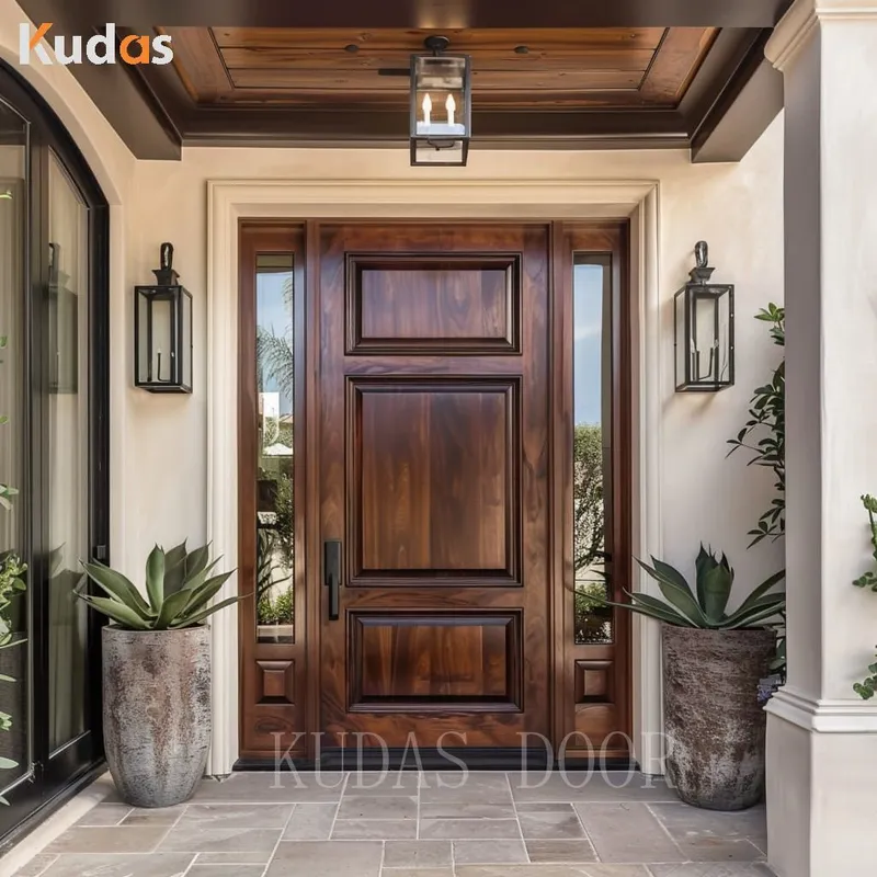 Wood Front Exterior Timber Wooden Door with Side Lights