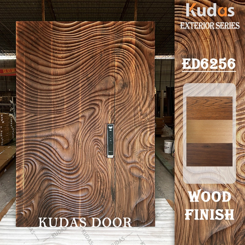 Kudas Residential Custom Modern 3D Carving Solid Wooden Exterior Villa Front Entry Door