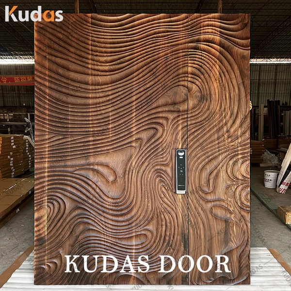 Kudas Residential Custom Modern 3D Carving Solid Wooden Exterior Villa Front Entry Door