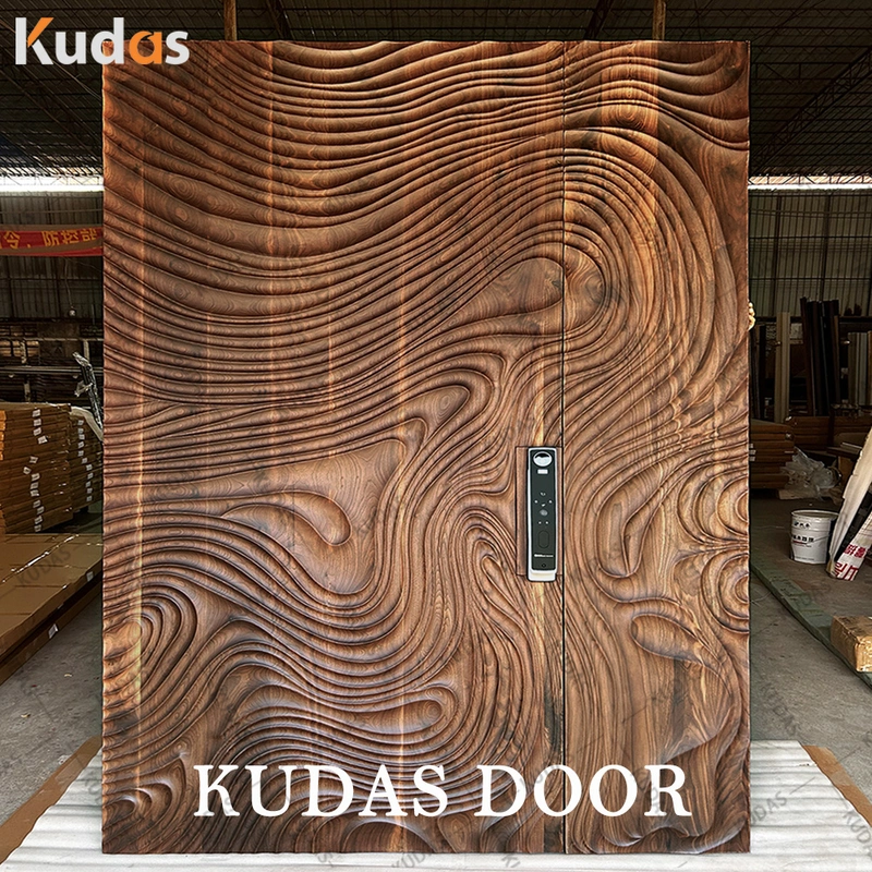 Kudas Residential Custom Modern 3D Carving Solid Wooden Exterior Villa Front Entry Door