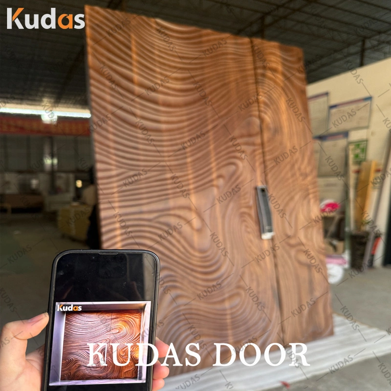 Kudas Residential Custom Modern 3D Carving Solid Wooden Exterior Villa Front Entry Door