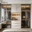 Luxury Custom Marble Texture Wardrobe with Glass Doors & LED Lighting