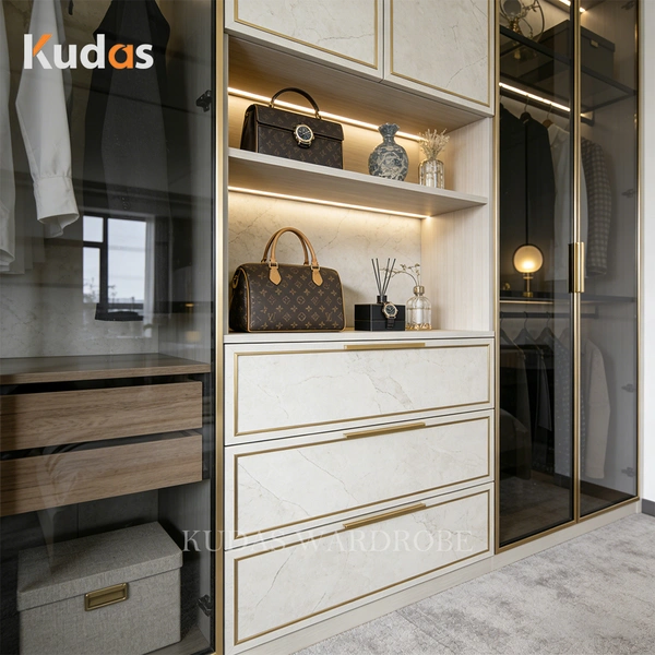 Luxury Custom Marble Texture Wardrobe with Glass Doors & LED Lighting