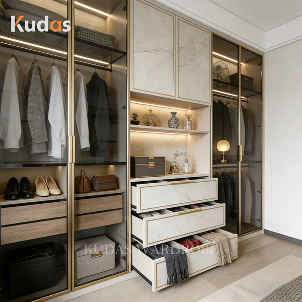 Luxury Custom Marble Texture Wardrobe with Glass Doors & LED Lighting