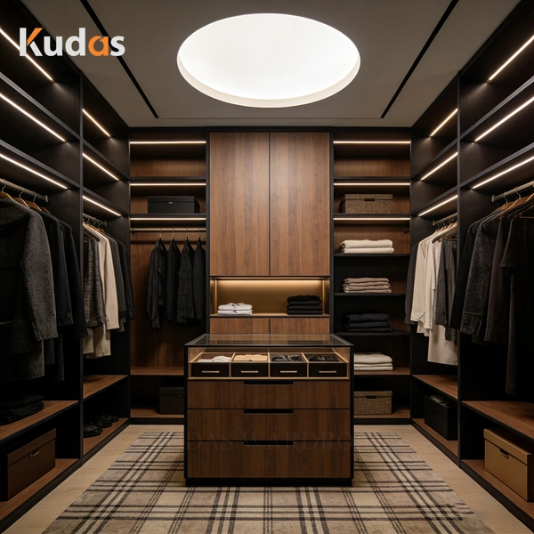 Luxury Walk-in Closet Walnut Wood Wardrobe with Central Storage Island