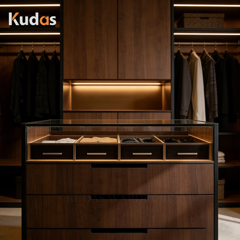 Luxury Walk-in Closet Walnut Wood Wardrobe with Central Storage Island