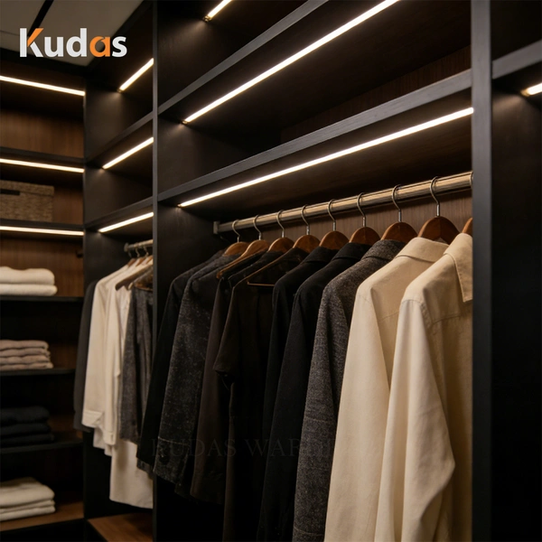 Luxury Walk-in Closet Walnut Wood Wardrobe with Central Storage Island