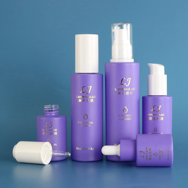 100ml purple cosmetic perfume glass  pump spray  bottle and cream jar