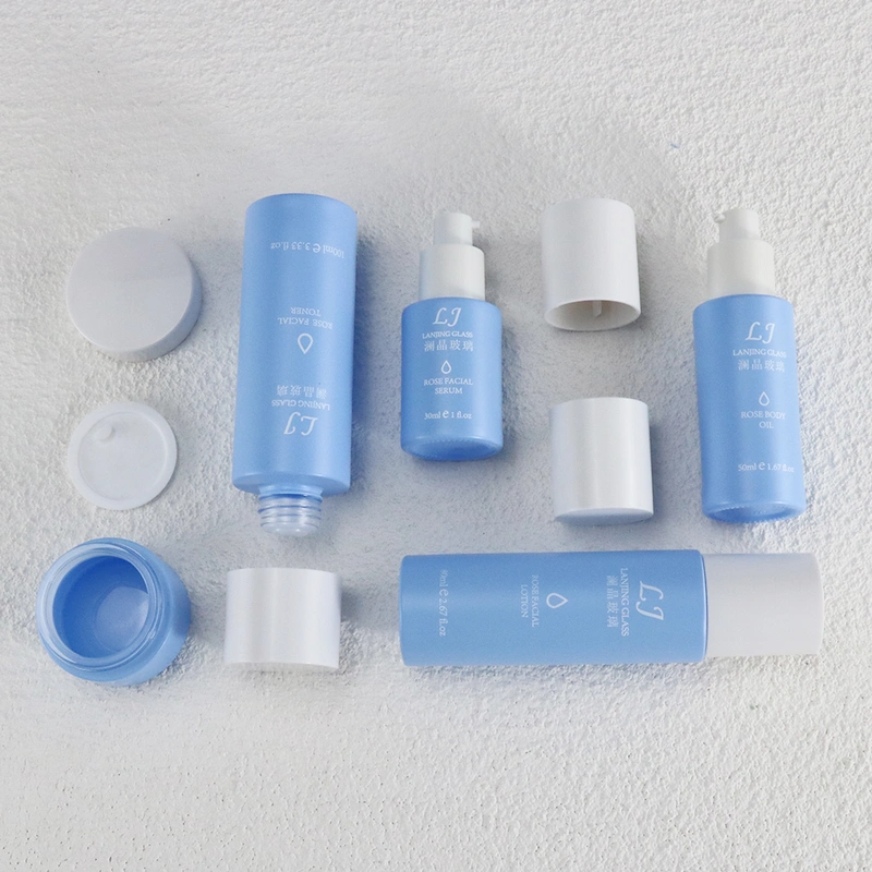 Cosmetic Packaging Blue Lotion Glass Bottle Serum Bottle and Jar