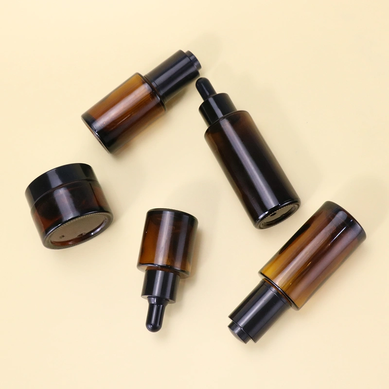 Amber cream lotion glass bottle jar set with pump and dropper lid