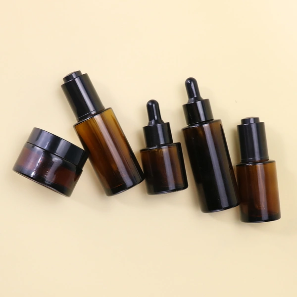 Amber cream lotion glass bottle jar set with pump and dropper lid