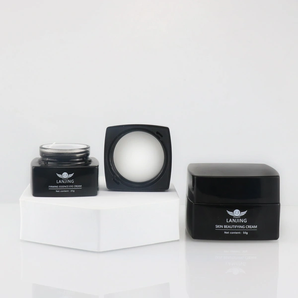 empty square clear cosmetic face lotion cream glass bottle jar