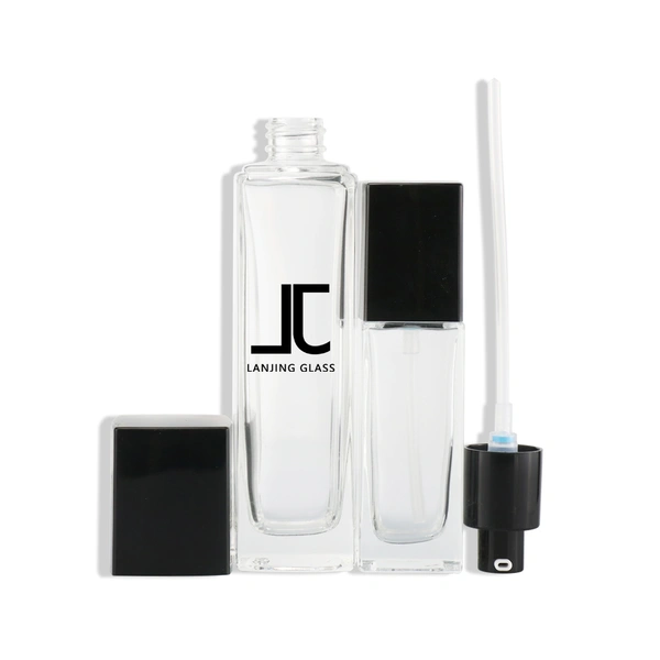 black skincare cosmetic glass bottle set with pump lotion cap