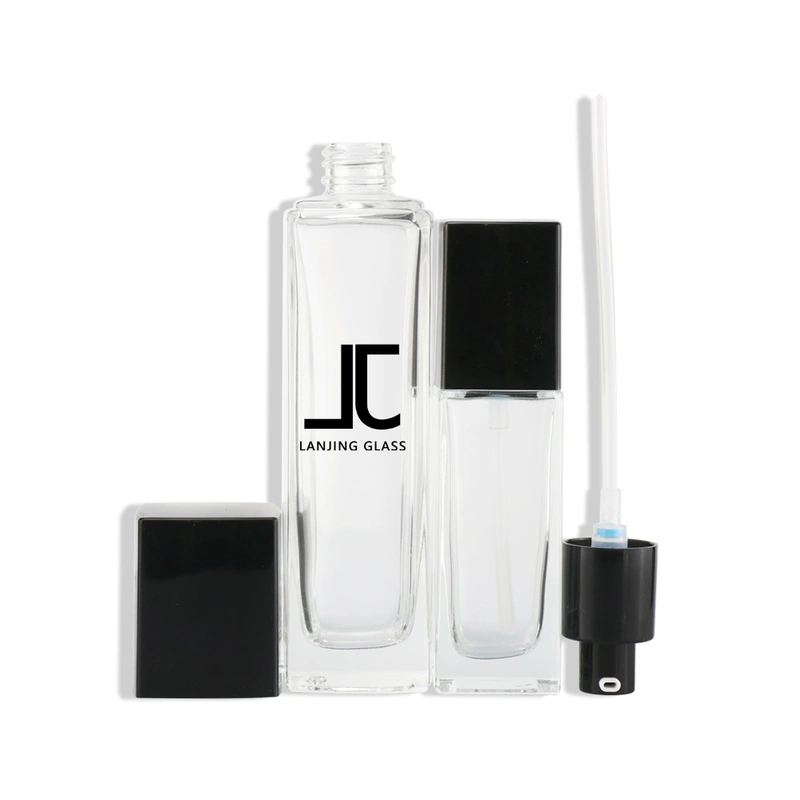 black skincare cosmetic glass bottle set with pump lotion cap