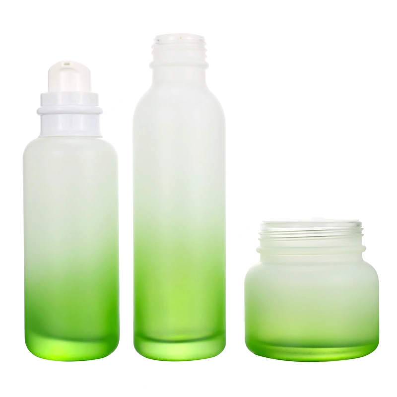 black skincare cosmetic glass bottle set with pump lotion cap