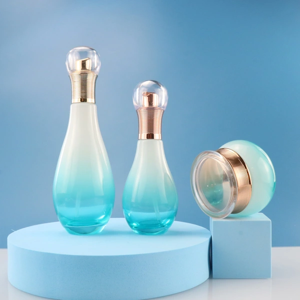 black skincare cosmetic glass bottle set with pump lotion cap