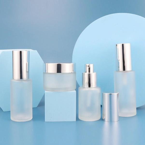 black skincare cosmetic glass bottle set with pump lotion cap