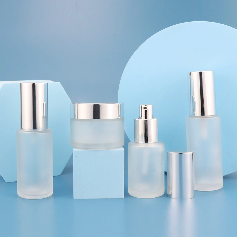 black skincare cosmetic glass bottle set with pump lotion cap