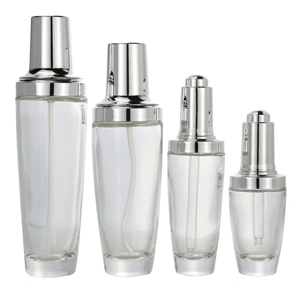 black skincare cosmetic glass bottle set with pump lotion cap