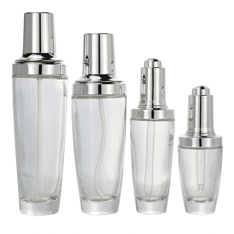 black skincare cosmetic glass bottle set with pump lotion cap