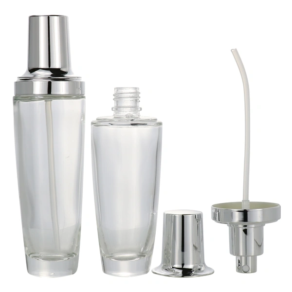 black skincare cosmetic glass bottle set with pump lotion cap