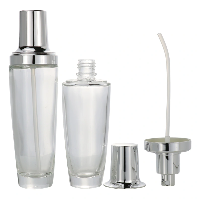 black skincare cosmetic glass bottle set with pump lotion cap
