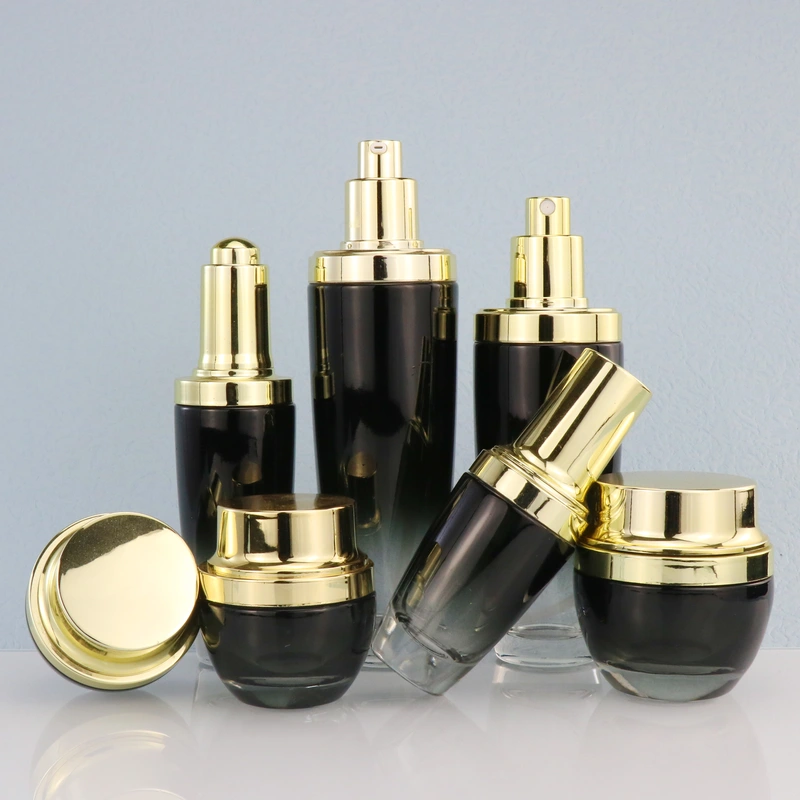 black skincare cosmetic glass bottle set with pump lotion cap