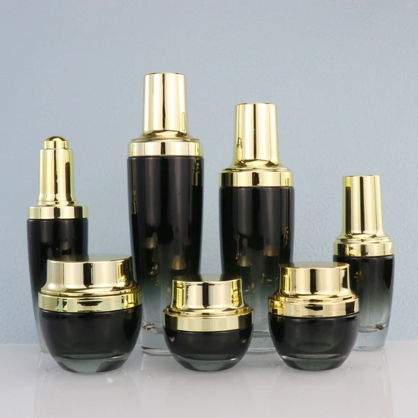 black skincare cosmetic glass bottle set with pump lotion cap