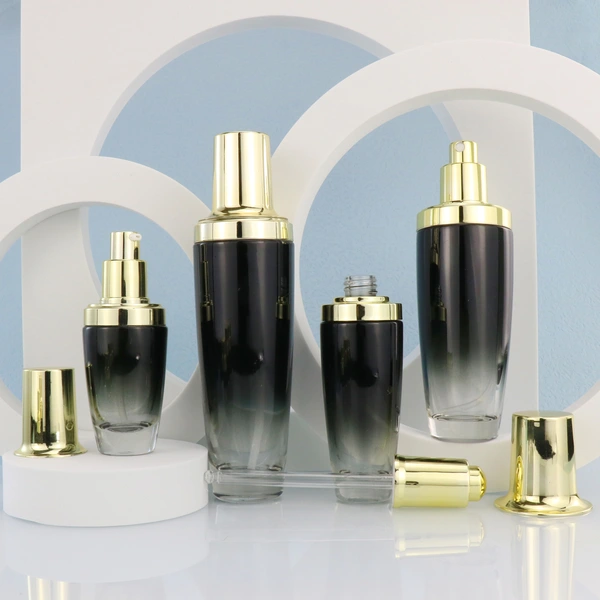 black skincare cosmetic glass bottle set with pump lotion cap