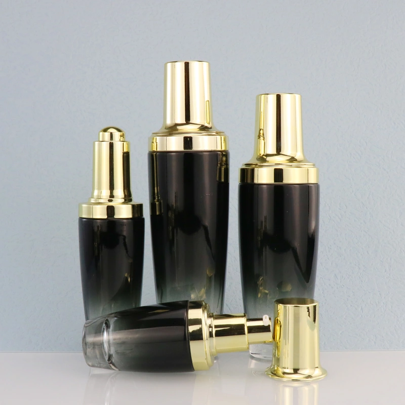black skincare cosmetic glass bottle set with pump lotion cap