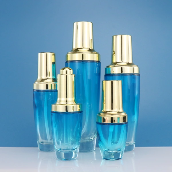 black skincare cosmetic glass bottle set with pump lotion cap