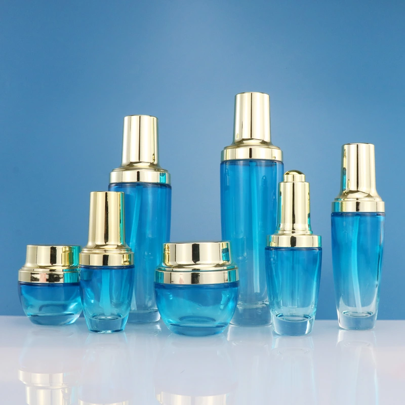 black skincare cosmetic glass bottle set with pump lotion cap